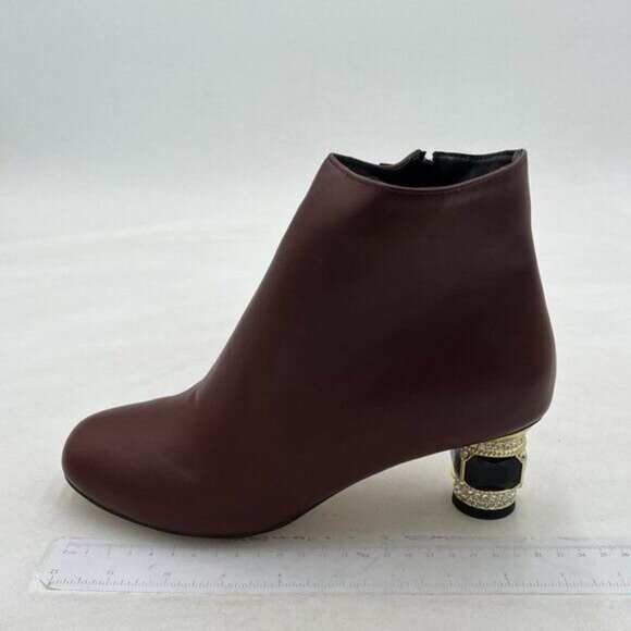 FSJ Brown Round Toe Crystal Chunky Block Low Heel Ankle Boot Side Zipper Shoes - Picture 3 of 8